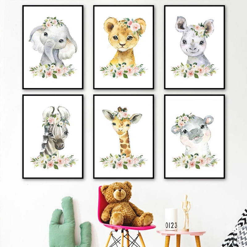 Baby Nursery Elephant - ภาพพิมพ์บนผ้าใบลายดอกไม้และสัตว์ป่า ตกแต่งห้องเด็ก ลายช้าง ยีราฟ ภาพวาดติดผนัง โปสเตอร์สไตล์นอร์ดิก