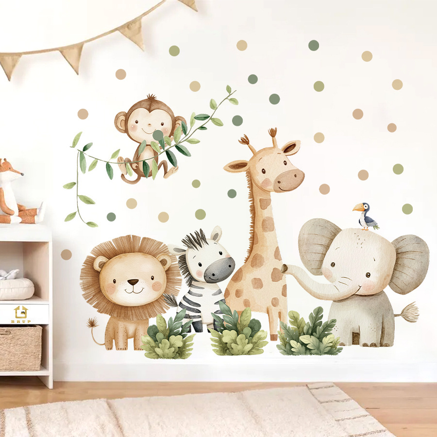 Baby Nursery Wallpaper Girl - Boho สัตว์ป่าสติ๊กเกอร์ติดผนังสําหรับห้องพักเด็กเด็กผู้หญิงเด็กตกแต่งห้องเนอสเซอรี่วอลล์เปเปอร์ช้างยีราฟลิงสิงโต