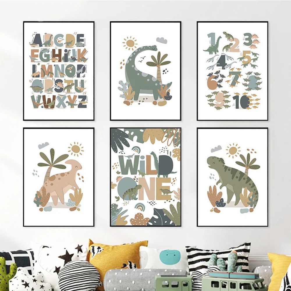 Baby Nursery Paintings - ภาพวาดบนผ้าใบลายไดโนเสาร์น่ารักสไตล์นอร์ดิก พร้อมตัวอักษรและตัวเลข โปสเตอร์การศึกษาสำหรับห้องเด็ก