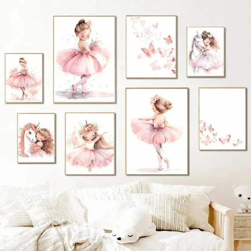 Baby Nursery Paintings - สีชมพูบัลเลริน่าสาวยูนิคอร์นผีเสื้อโปสเตอร์ห้องเด็กตกแต่งผ้าใบโปสเตอร์ศิลปะบนผนังเนอสเซอรี่โปสเตอร์ตกแต่งห้องนอนเด็ก