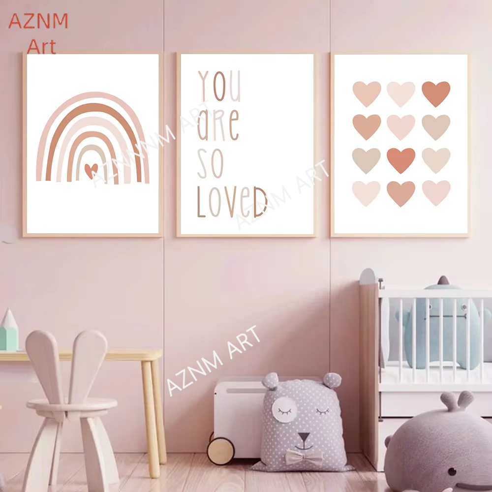 Baby Nursery Paintings - 1/3 ชิ้น, ภาพพิมพ์ลายการ์ตูนรูปหัวใจสีรุ้งสีชมพูสำหรับตกแต่งผนัง, ภาพพิมพ์บนผ้าแคนวาสสำหรับตกแต่งห้องเด็ก, ภาพพิมพ์สไตล์นอร์ดิกสำหรับตกแต่งผนัง, ภาพพิมพ์สำหรับเด็กผู้หญิง