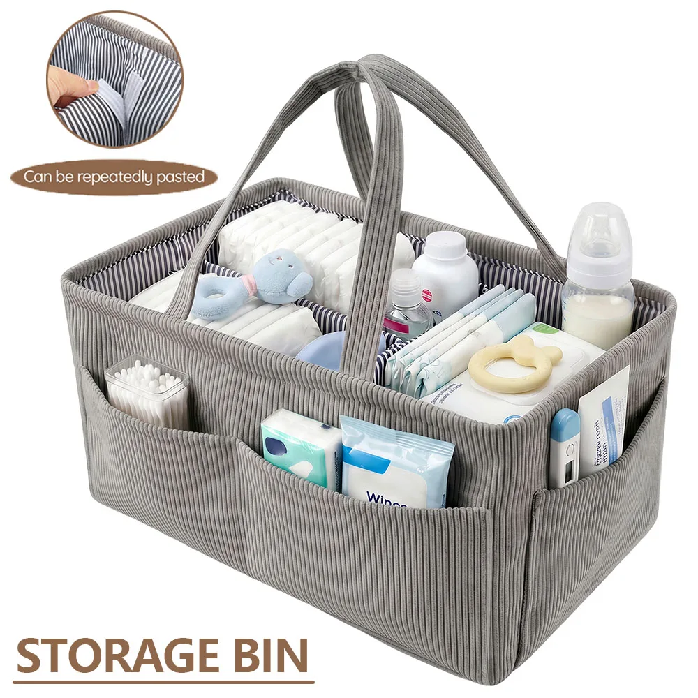 Baby Bag Nursery - กล่องจัดระเบียบผ้าอ้อมเด็กแบบพับได้ ทำจากผ้าคอร์ดูรอย มีช่องเก็บของหลายช่องและหูหิ้ว ตะกร้าใส่ผ้าเช็ดทำความสะอาดแบบพกพา
