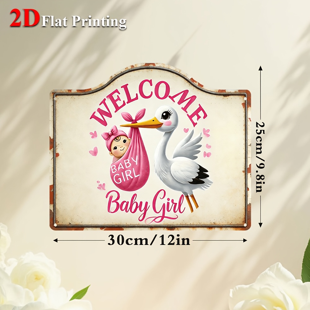 Baby Bag Nursery - งานศิลปะป้ายแบน 2 มิติ 1 ชิ้น รูปนกกระสาอุ้มเด็กผู้หญิงในกระเป๋าสีชมพู