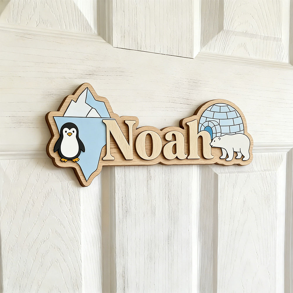 Baby Nursery Name - ป้ายชื่อสั่งทำรูปเพนกวินอาร์กติกและหมีขั้วโลก ตกแต่งผนังห้องเด็ก ลายถ้ำน้ำแข็ง แผ่นไม้สลักชื่อส่วนตัวสำหรับห้องเด็ก
