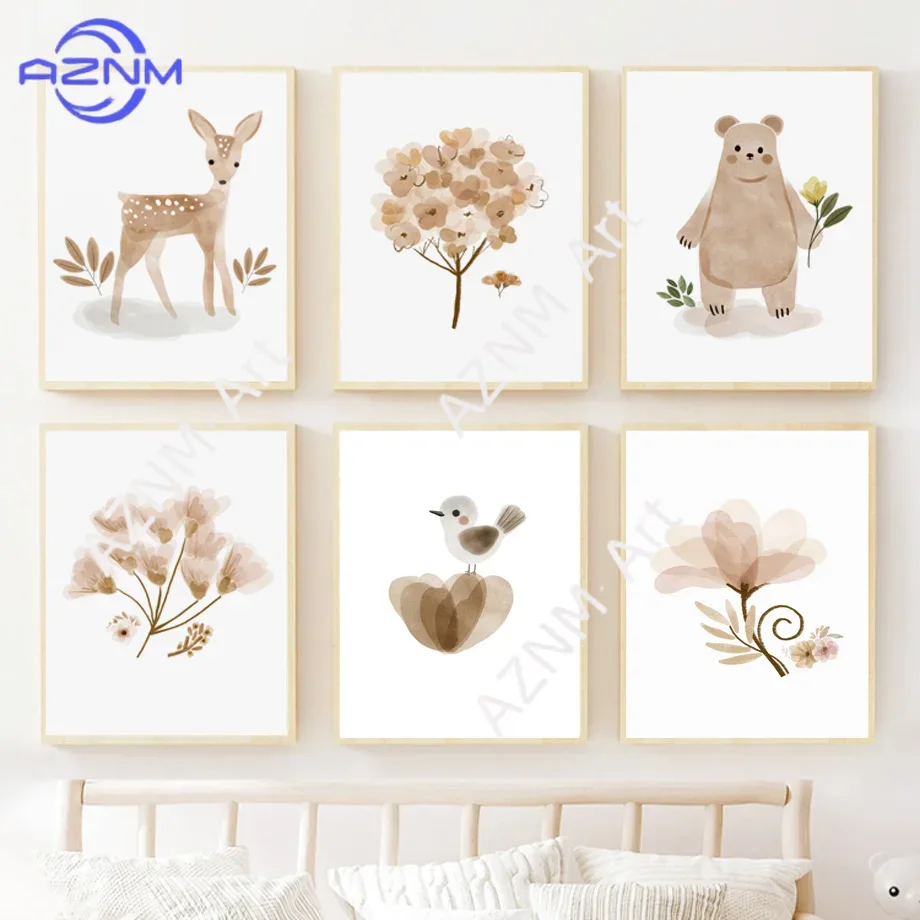 Baby Nursery Paintings - ภาพพิมพ์บนผ้าใบสำหรับตกแต่งผนังห้องเด็กสไตล์โบโฮ - ลายกวาง หมี สายรุ้ง นก