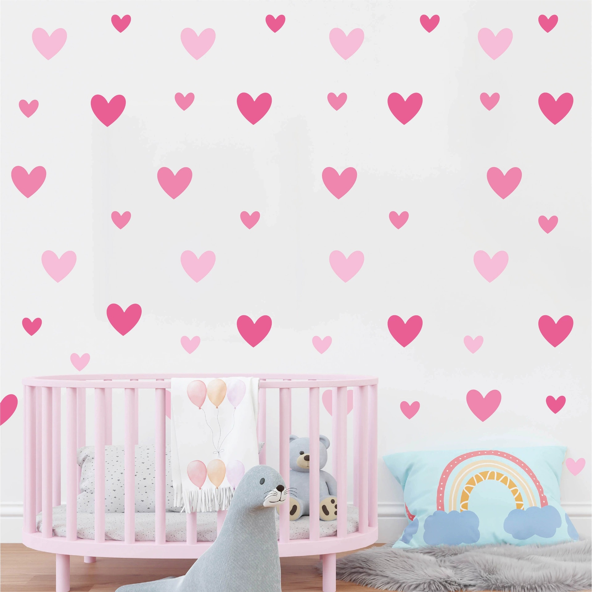 Baby Nursery Wallpaper Girl - สติ๊กเกอร์ติดผนังรูปหัวใจสีชมพู 170 ชิ้น = 10 แผ่น