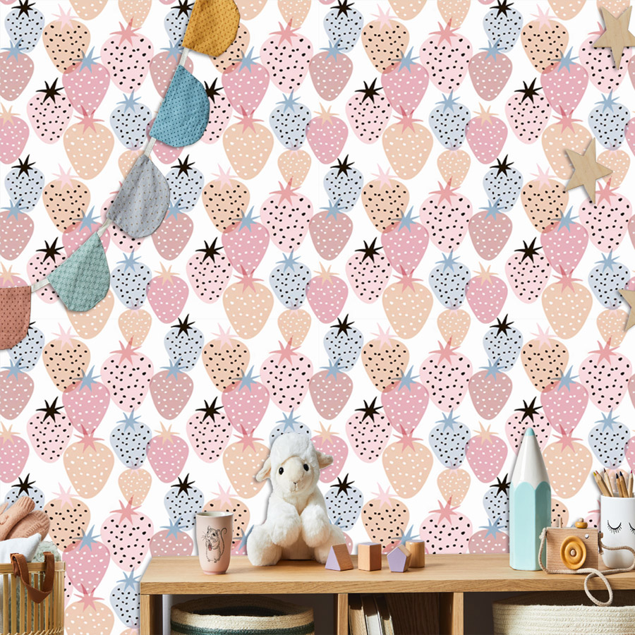 Baby Nursery Wallpaper Girl - 12+ วอลเปเปอร์ลายสตรอเบอร์รี่น่ารักสำหรับตกแต่งผนังห้องนั่งเล่น ตกแต่งบ้าน ห้องนอนเด็กผู้หญิง ภาพจิตรกรรมฝาผนัง ติดตั้งง่าย