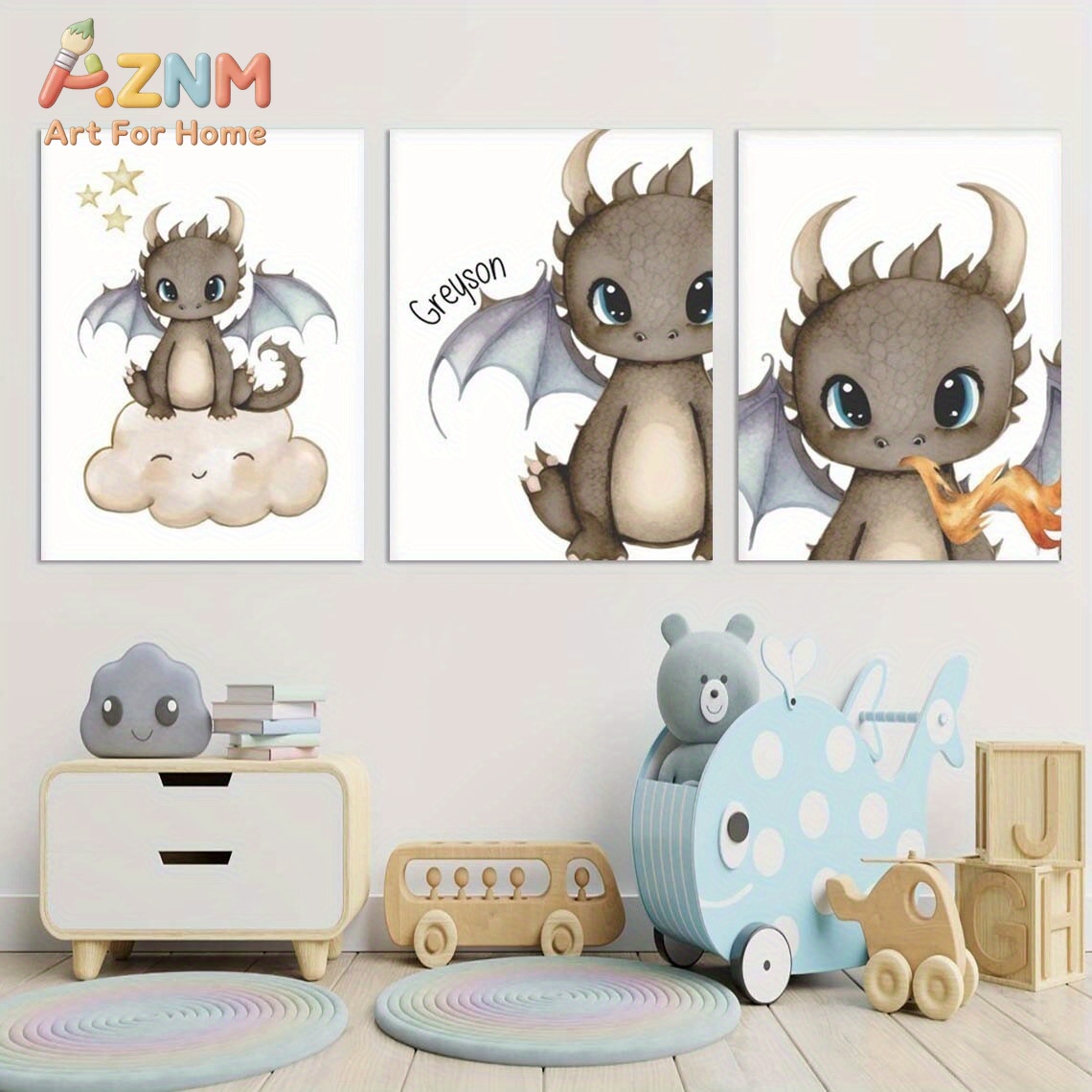 Baby Nursery Paintings - AZNM ภาพวาดบนผ้าใบลายมังกรน้อยน่ารัก ศิลปะการ์ตูนสัตว์แฟนตาซี เมฆ ดวงดาว สีน้ำ