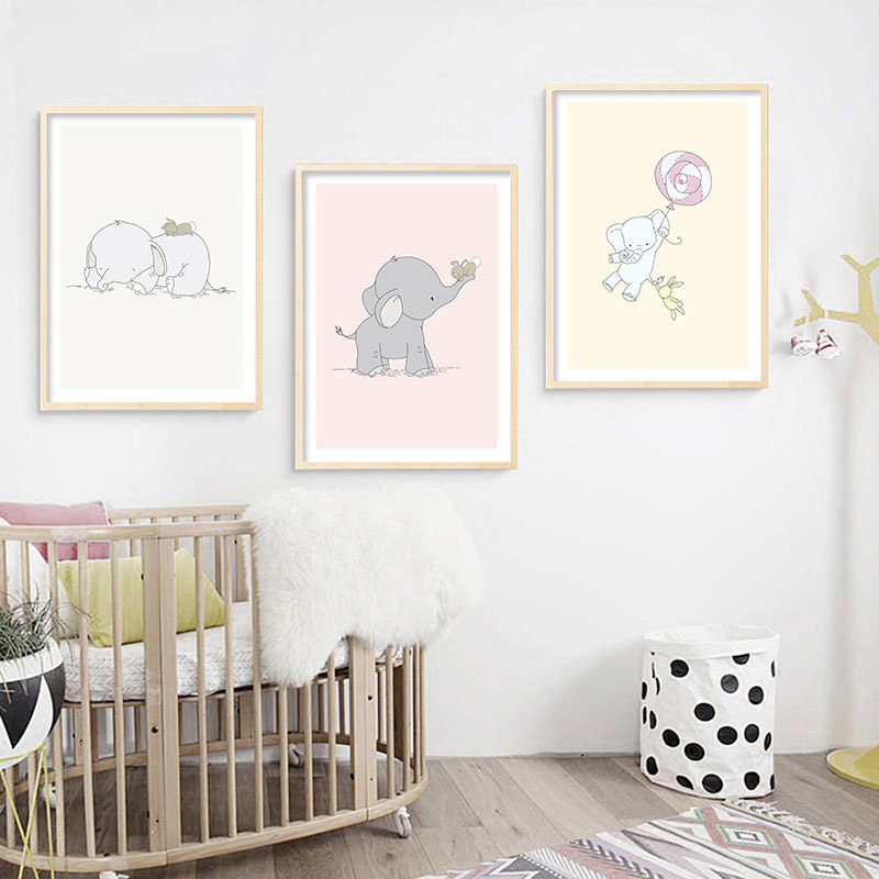 Baby Nursery Elephant - Elephant Nursery Wall Art โปสเตอร์ผ้าใบพิมพ์การ์ตูนสัตว์ภาพวาดเด็กนอร์ดิกตกแต่งภาพตกแต่งห้องนอนเด็ก
