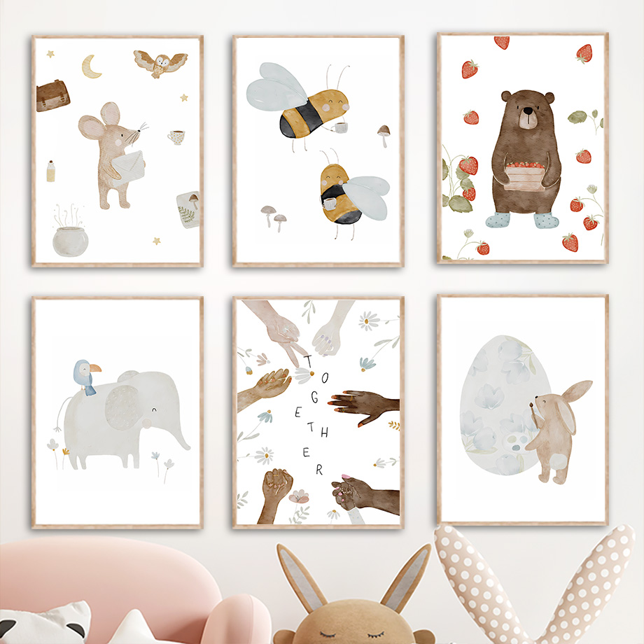 Baby Nursery Elephant - โปสเตอร์และภาพพิมพ์ลายสัตว์โบโฮ ช้าง กระต่าย หมี กวาง ผึ้ง