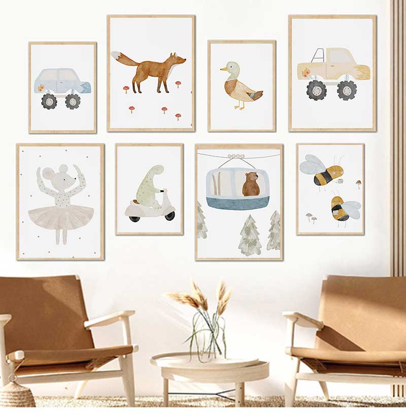 Baby Nursery Paintings - โปสเตอร์และภาพพิมพ์ลายการ์ตูนห่าน ผึ้ง หมี เป็ด ไดโนเสาร์ สไตล์โบโฮ