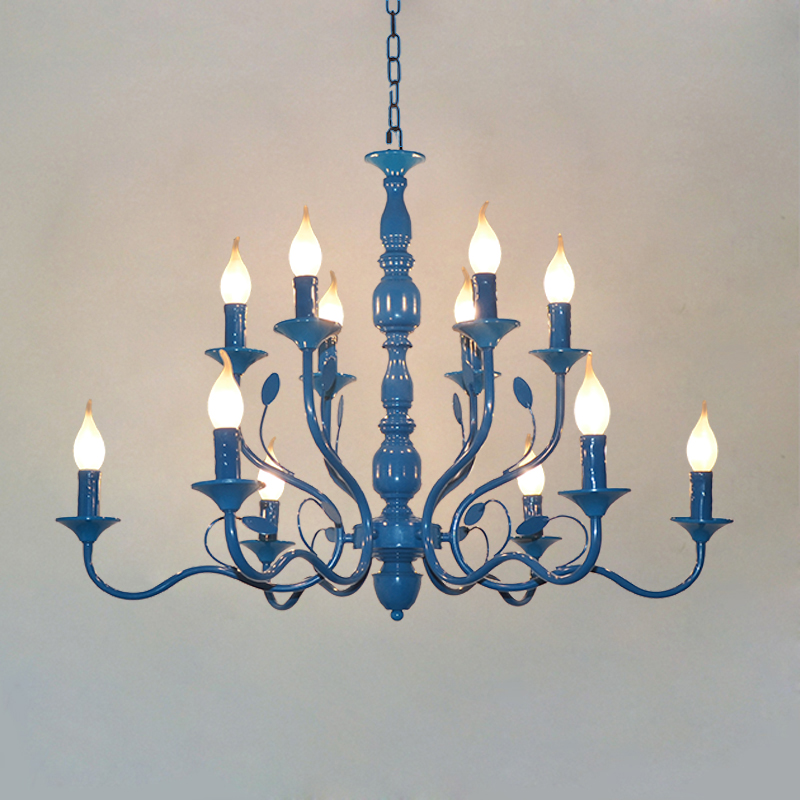 Baby Nursery Chandelier - Luxury Rustic Wrought Ironโคมระย้าE14 เทียนสีฟ้าVINTAGEโบราณแขวนสําหรับห้องนั่งเล่นยุโรปโคมไฟสีดํา