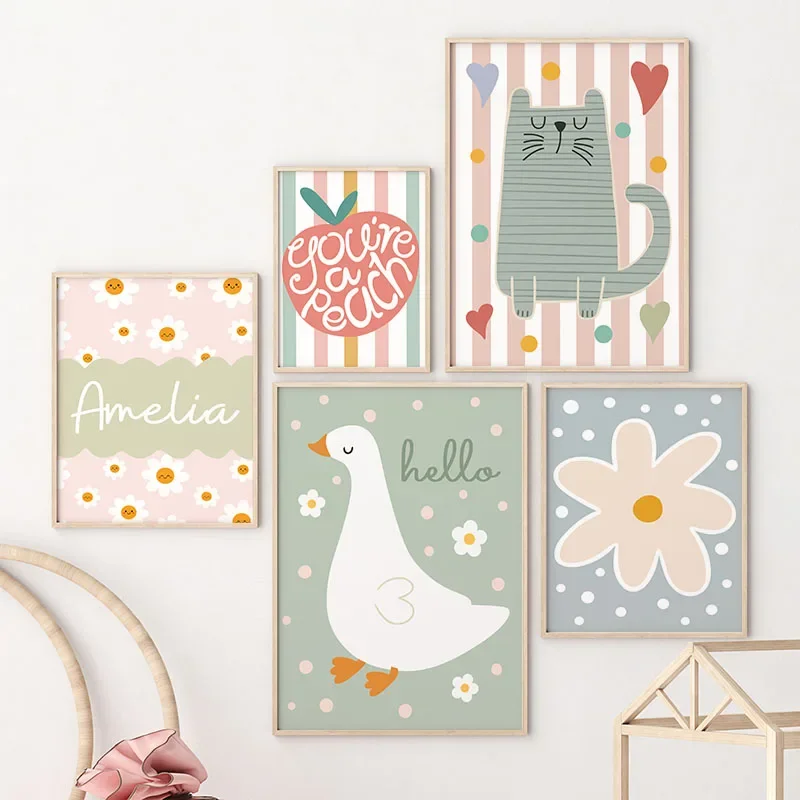 Baby Nursery Paintings - ภาพวาดบนผ้าใบลายการ์ตูนแมว เป็ด นก แอปเปิ้ล พร้อมชื่อเด็กตามสั่ง สำหรับตกแต่งผนังห้องเด็ก