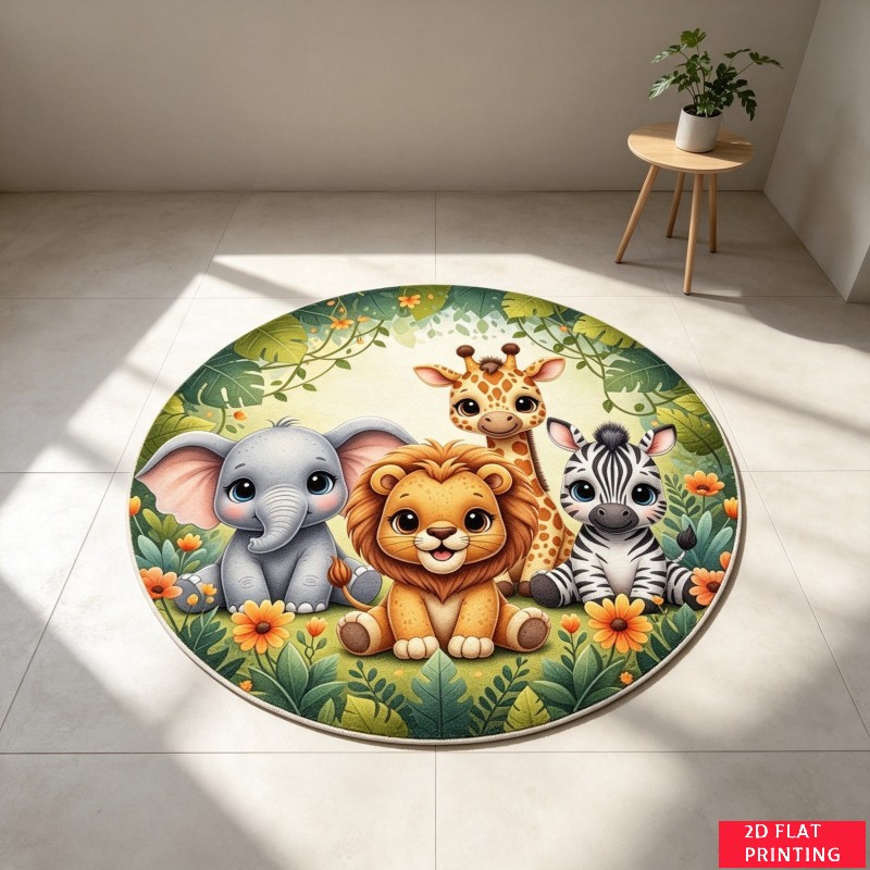 Baby Nursery Jungle Rug - พรมทรงกลมลายสัตว์น้อยในป่าซาฟารี เช่น สิงโต ช้าง ยีราฟ ม้าลาย