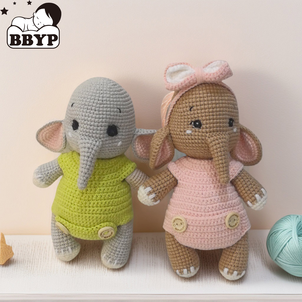 Baby Nursery Elephant - ของเล่นตุ๊กตาคู่ช้างโครเชต์แฮนด์เมด - ตุ๊กตาสัตว์นุ่มน่ารัก ของขวัญวันวาเลนไทน์สําหรับคู่รัก คนรัก เนอสเซอรี่เด็ก