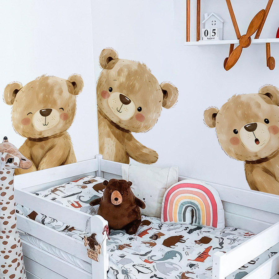 Baby Nursery Wallpaper Girl - คาวาอิการ์ตูนหมีสติ๊กเกอร์ติดผนังสำหรับห้องเด็กหญิงเด็กชายตกแต่งห้องเด็กวอลล์เปเปอร์ไวนิลมีกาวในตัว