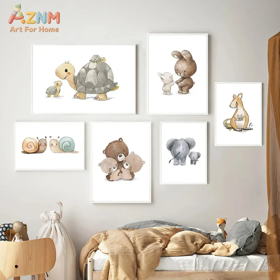 Baby Nursery Elephant - AZNM ภาพวาดสีน้ำลายสัตว์สำหรับตกแต่งผนังห้องเด็ก ลายเต่า หมี ช้าง สำหรับตกแต่งห้องเด็กอ่อน
