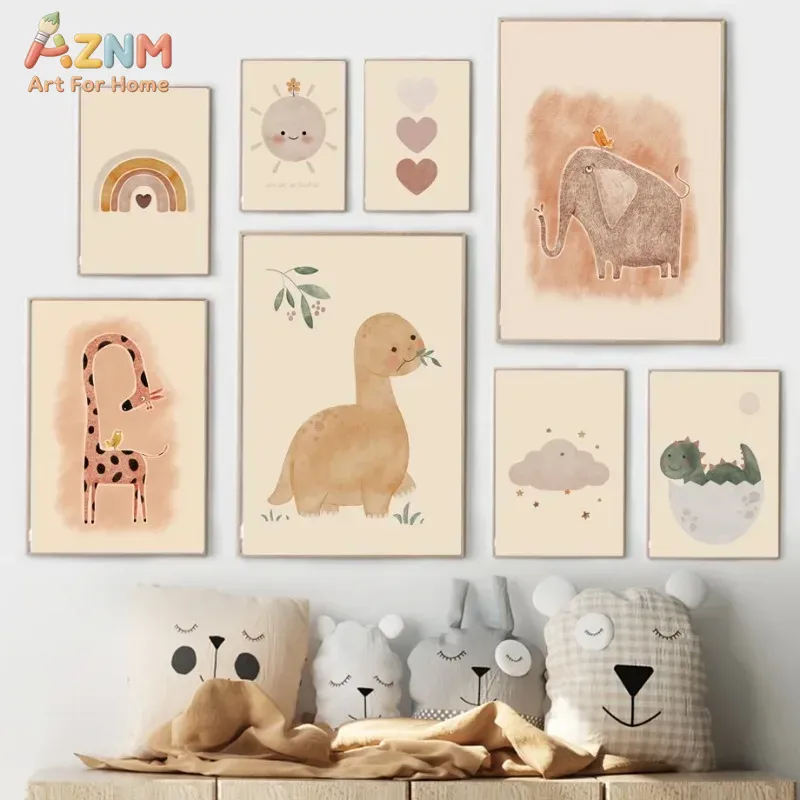 Baby Nursery Elephant - AZNM ภาพวาดสีน้ำไดโนเสาร์บนผ้าใบ ศิลปะติดผนัง ลายช้างน่ารัก ลายสายรุ้ง สำหรับตกแต่งห้องเด็กอ่อน
