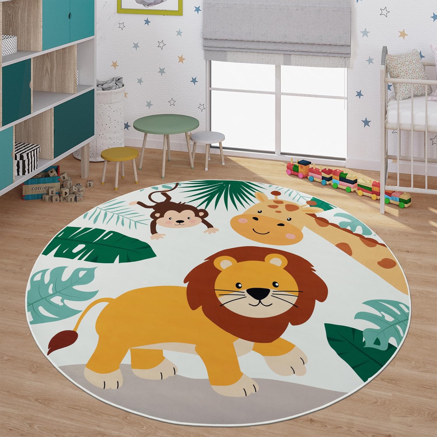 Baby Nursery Jungle Rug - พรมปูพื้นลายสัตว์ป่าทรงกลมนุ่มสำหรับเด็ก พรมตกแต่งห้องเด็ก ธีมซาฟารี ลายสิงโต ยีราฟ ลิง