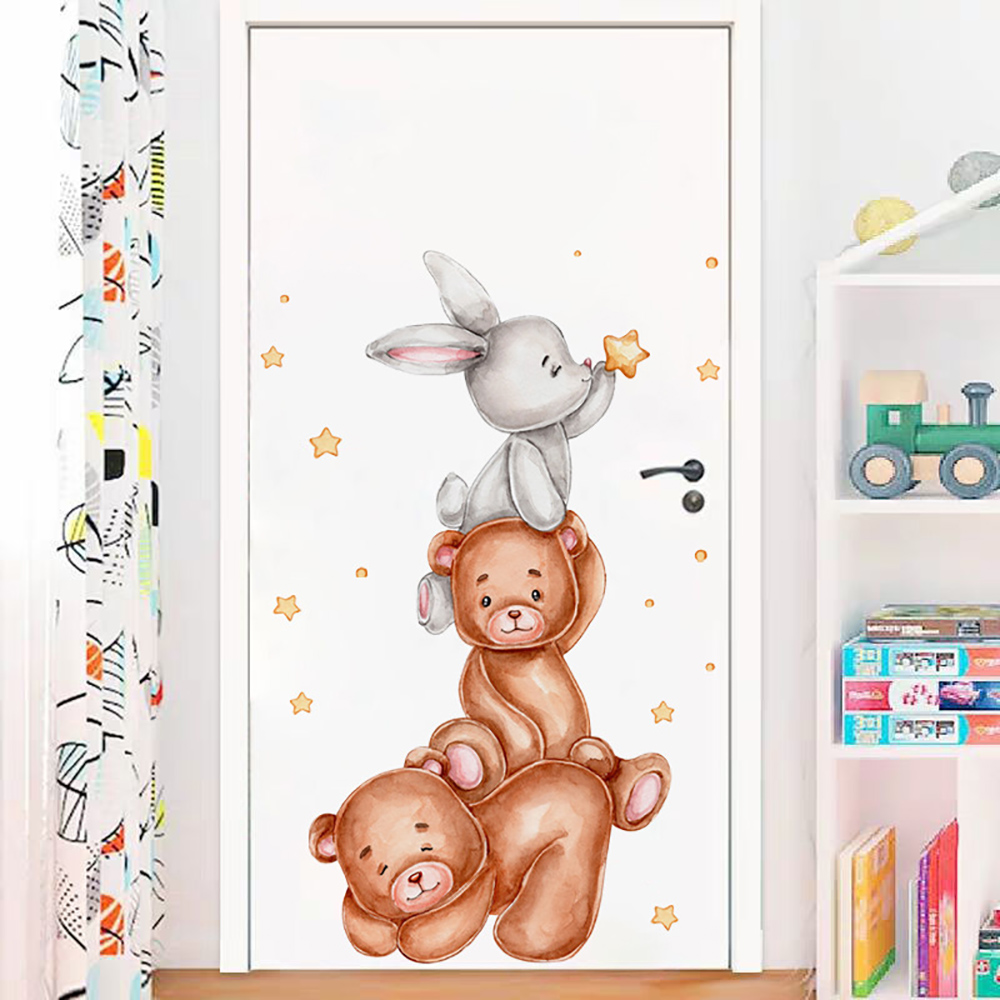 Baby Nursery Wallpaper Girl - สติกเกอร์ติดผนังรูปกระต่ายและดาวน่ารักสำหรับเด็กหญิงเด็กชายเด็กทารก hiasan kamar การ์ตูนสัตว์วอลเปเปอร์รูปลอกติดผนังเพาะชำ