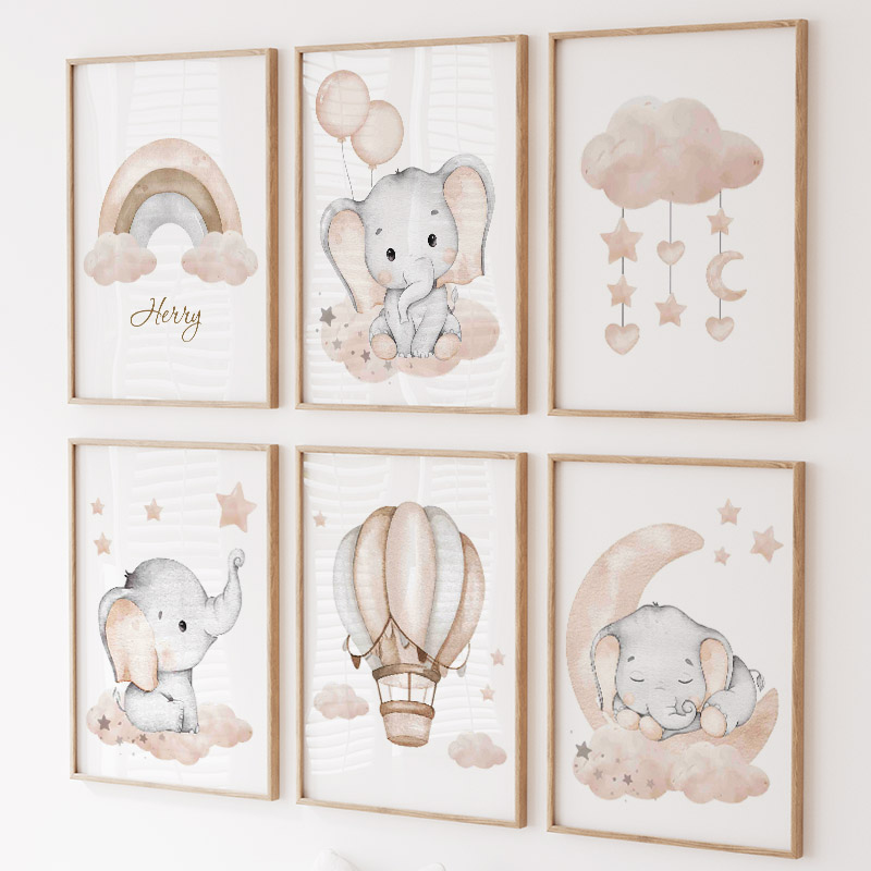 Baby Nursery Elephant - ช้างน่ารักร้อนบอลลูน Moon Rainbow Cloud Nursery Wall