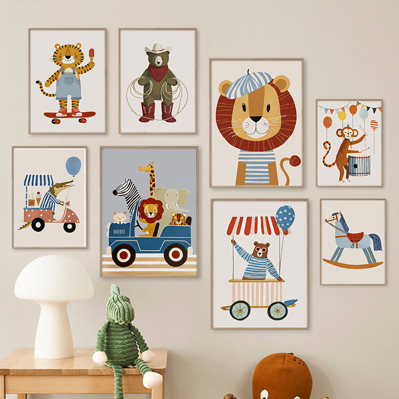Baby Nursery Paintings - ภาพวาดการ์ตูนสัตว์ตลกๆ สำหรับตกแต่งผนังห้องเด็ก ภาพพิมพ์บนผ้าใบ ลายสิงโต หมี เสือ
