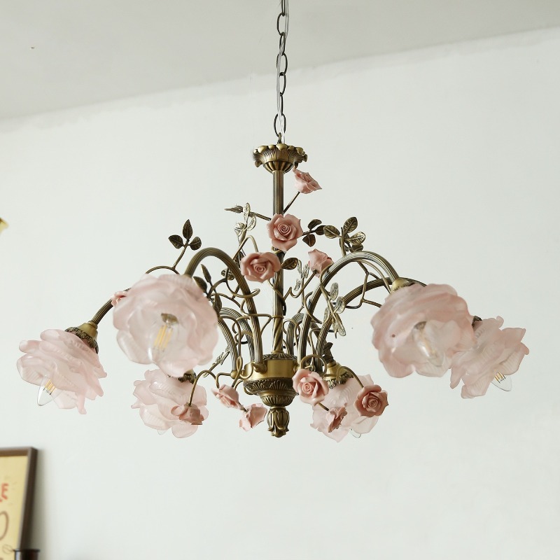 Baby Nursery Chandelier - โคมไฟระย้าเซรามิกสีชมพูฝรั่งเศส รูปดอกกุหลาบ ไฟ LED โคมไฟแก้วทรงดอกไม้ สำหรับห้องนั่งเล่น