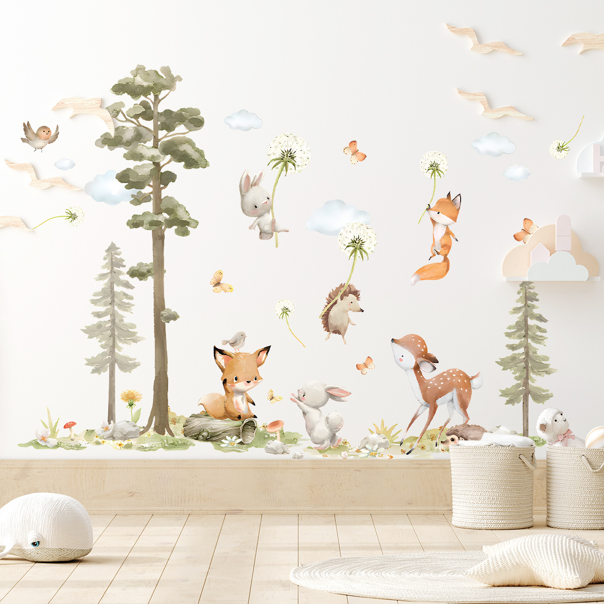 Baby Nursery Wallpaper Girl - สัตว์ป่าน่ารักสติ๊กเกอร์ติดผนังสําหรับห้องพักเด็กเด็กหญิงเด็กตกแต่งห้องเนอสเซอรี่วอลล์เปเปอร์ไวนิล Bunny Fox Tree