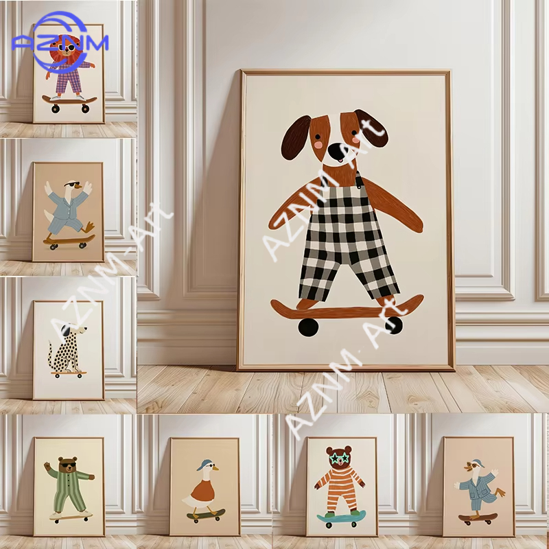 Baby Nursery Paintings - โปสเตอร์สัตว์ตลกเล่นสเก็ตบอร์ด 1 ชิ้น ภาพพิมพ์บนผ้าใบลายห่าน เป็ด สุนัข