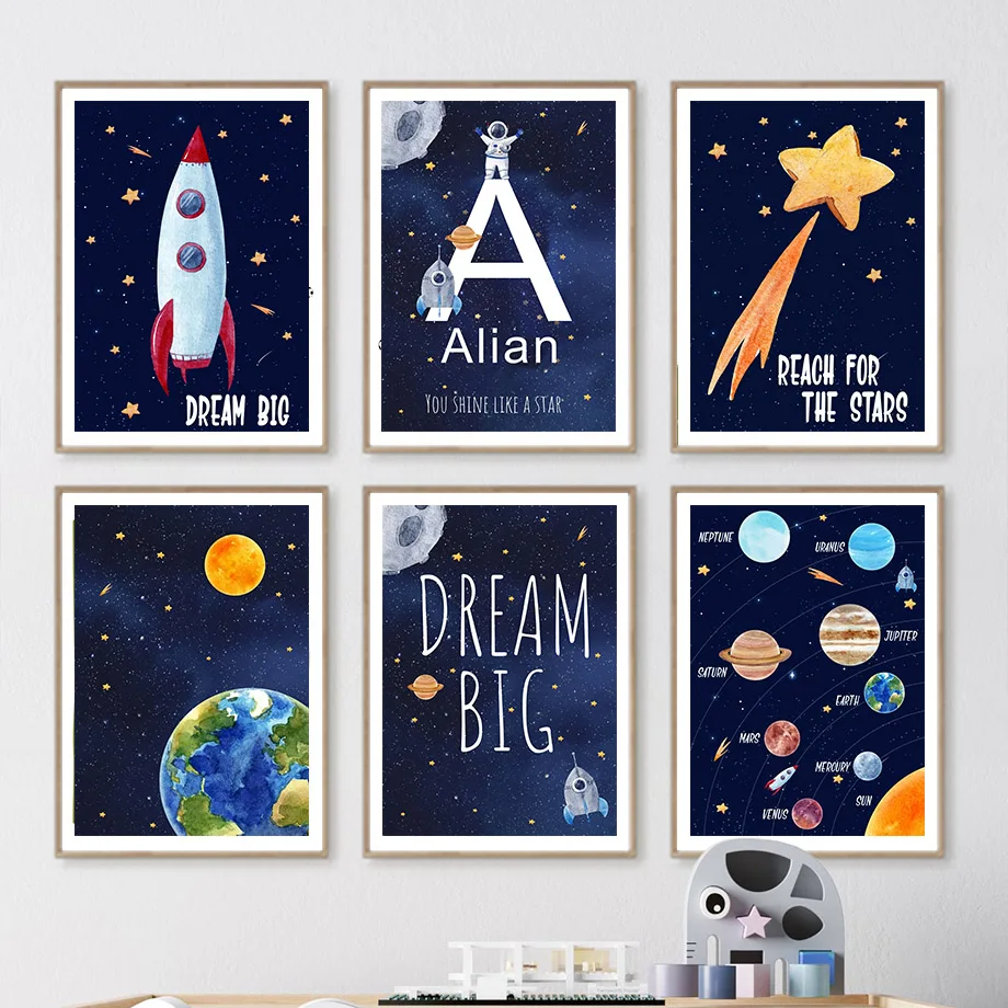 Baby Nursery Paintings - ภาพวาดบนผ้าใบ 1 ชิ้น ภาพพิมพ์ตกแต่งผนังห้องเด็ก พร้อมชื่อสั่งทำได้ ลายอวกาศ