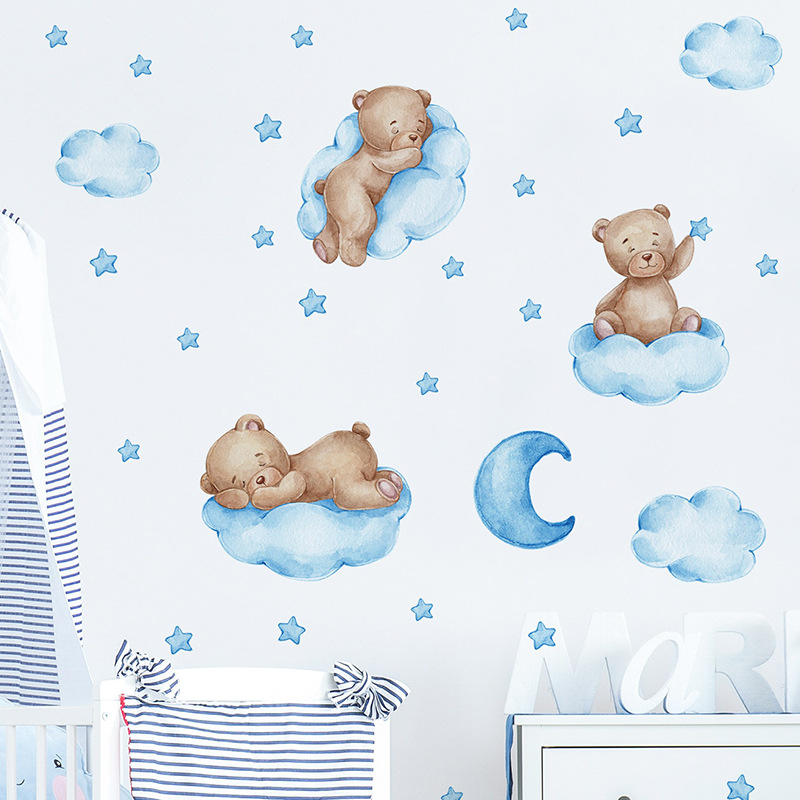 Baby Nursery Wallpaper Girl - สติ๊กเกอร์ติดผนังลายหมีเท็ดดี้สีฟ้าการ์ตูนสำหรับห้องเด็ก ตกแต่งห้องนอนเด็กชายเด็กหญิง วอลเปเปอร์ห้องเด็ก