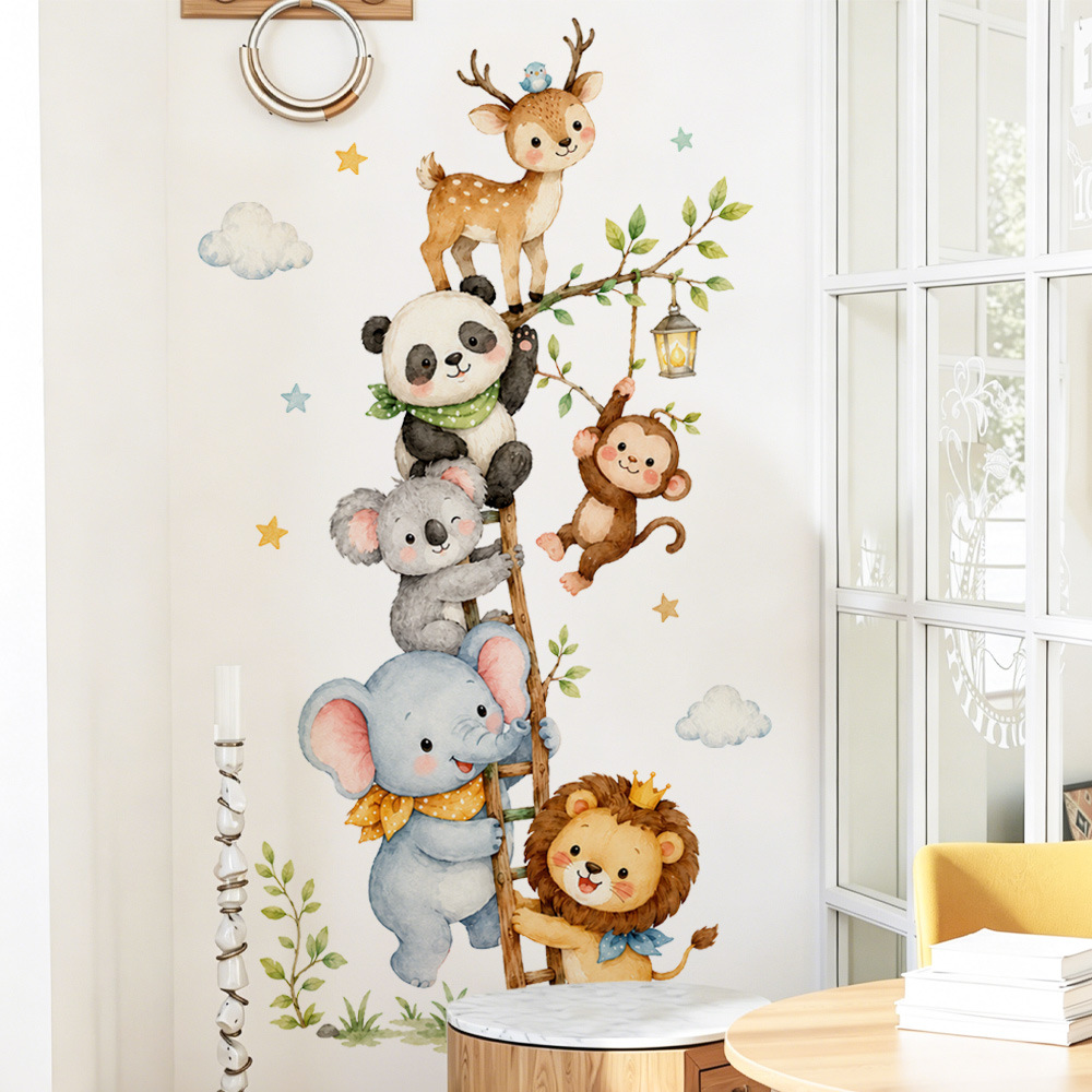 Baby Nursery Wallpaper Girl - สติ๊กเกอร์ติดผนังลายสัตว์ป่าน่ารักสำหรับห้องเด็ก ตกแต่งห้องเด็กชาย เด็กหญิง ห้องเด็กทารก วอลเปเปอร์ลายช้าง แพนด้า