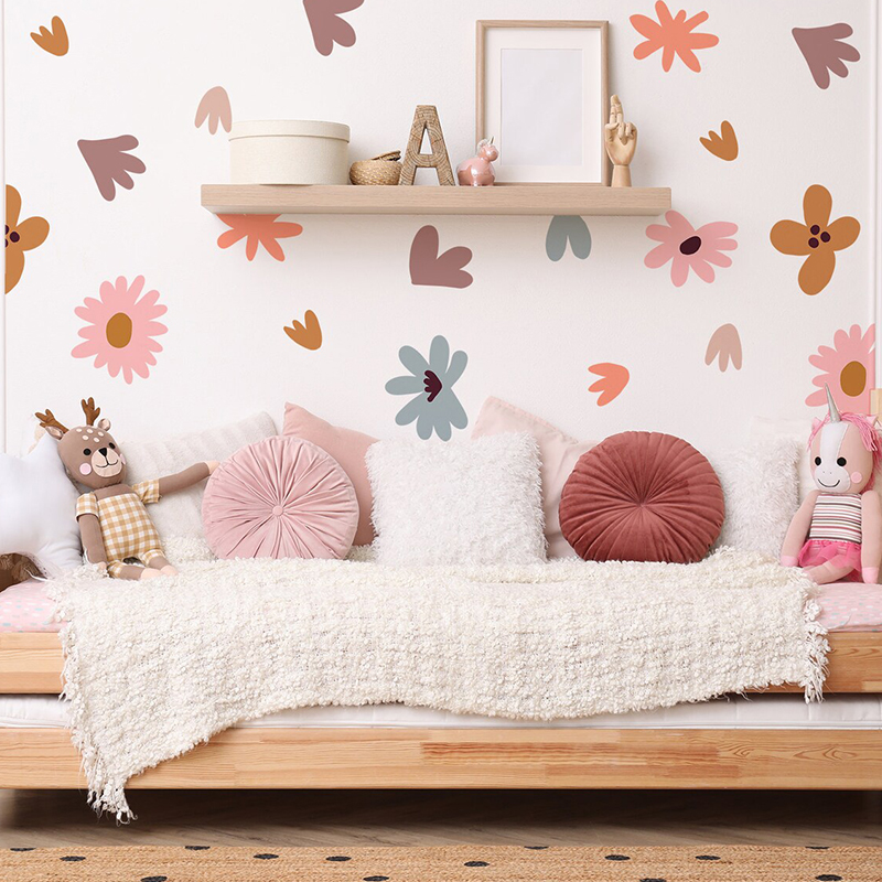 Baby Nursery Wallpaper Girl - ดอกไม้ผนังหลากสีแบบทำมือสติ๊กเกอร์สำหรับเด็กห้องวอลเปเปอร์สถานรับเลี้ยงเด็กห้องนอนเด็กทารกหญิงตกแต่งบ้านศิลปะผนังสไตล์นอร์ดิก