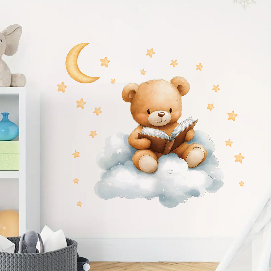 หมีน่ารัก ดวงจันทร์ ดาว สติ๊กเ - Baby Nursery Wallpaper Girl บทวิจารณ์และราคา