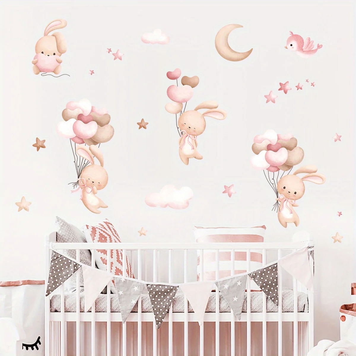 กระต่ายน่ารักบอลลูนสติ๊กเกอร์ต - Baby Nursery Wallpaper Girl บทวิจารณ์และราคา