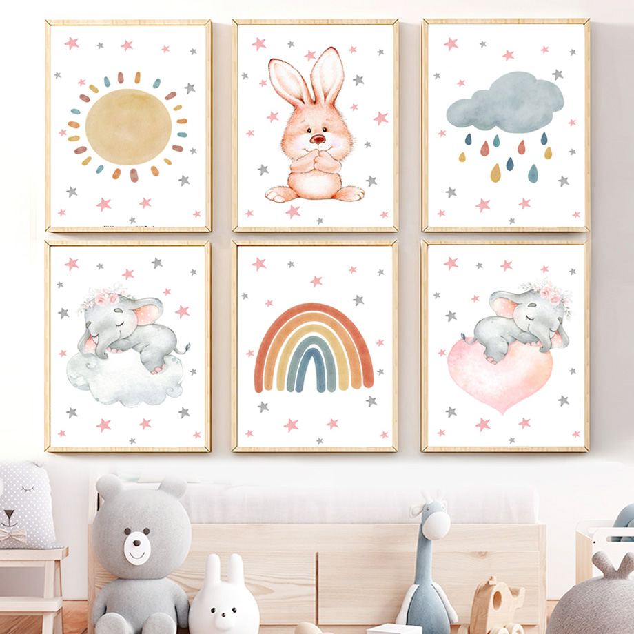 ภาพวาดสีน้ำติดผนังห้องเด็ก ภาพ - Baby Nursery Elephant บทวิจารณ์และราคา