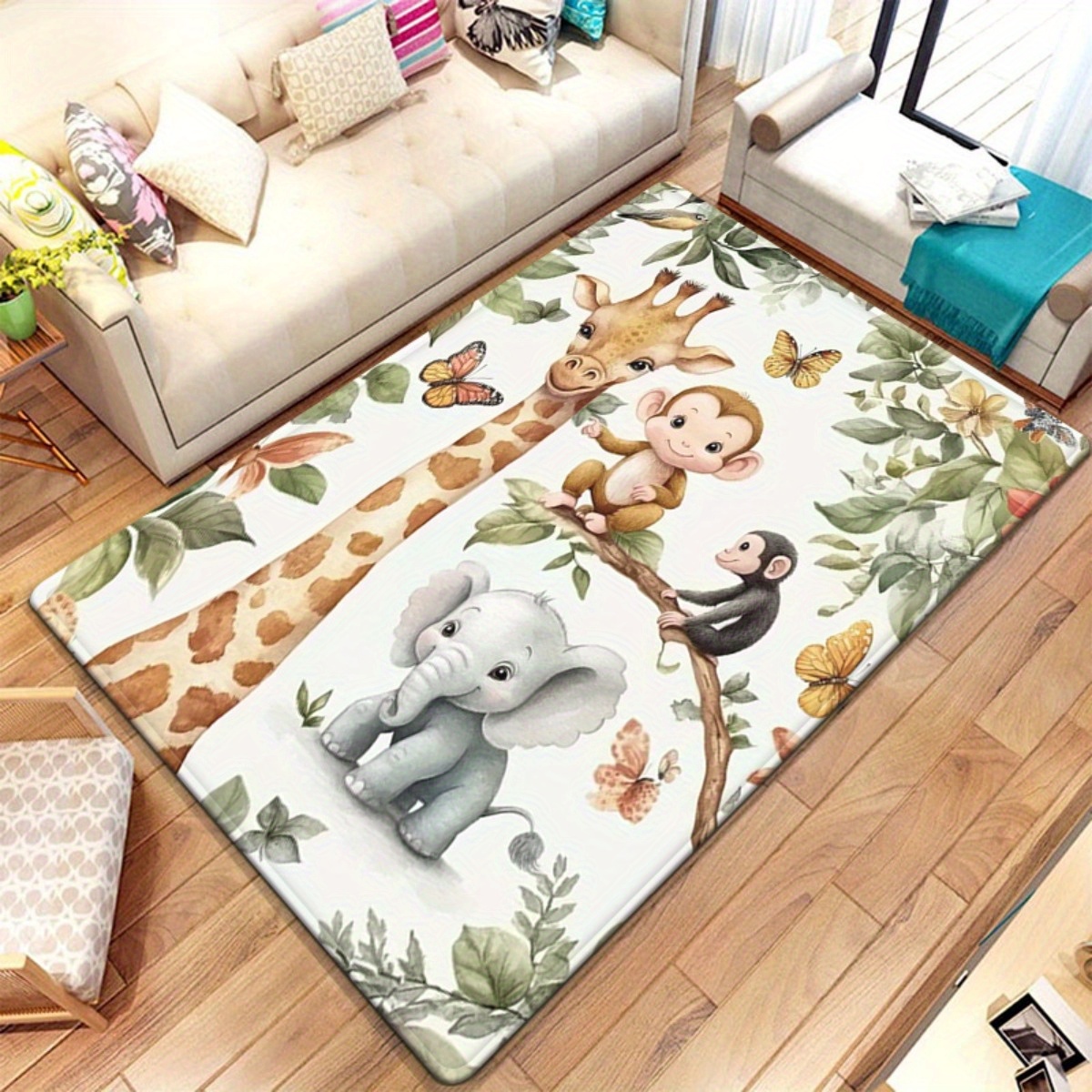 พรมลายสัตว์ป่าสีน้ำ พรมปูพื้นห - Baby Nursery Jungle Rug บทวิจารณ์และราคา